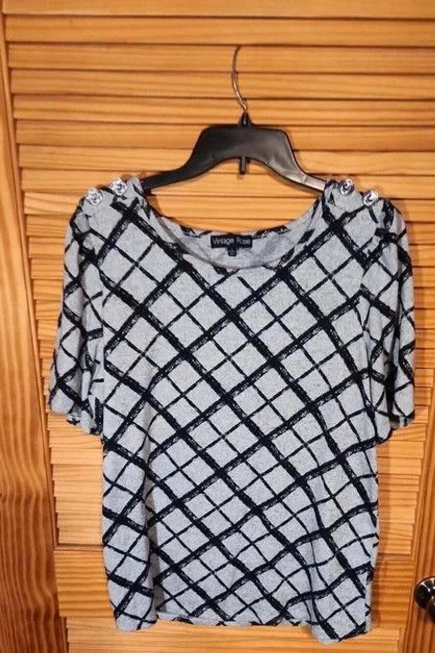 Y2k "Checkmate on Casual: Vintage Rose Sparkle-Shoulder Grid Blouse"